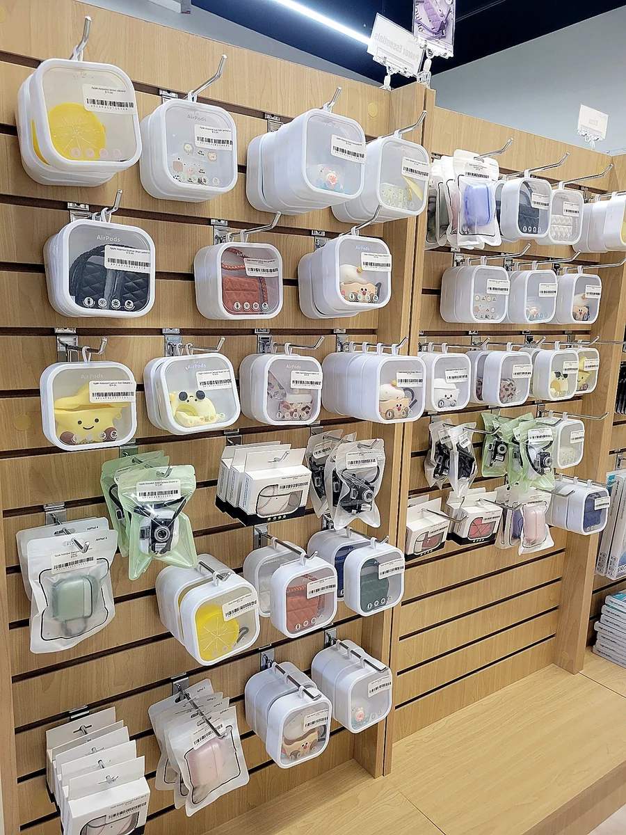Display of AirPods cases and accessories