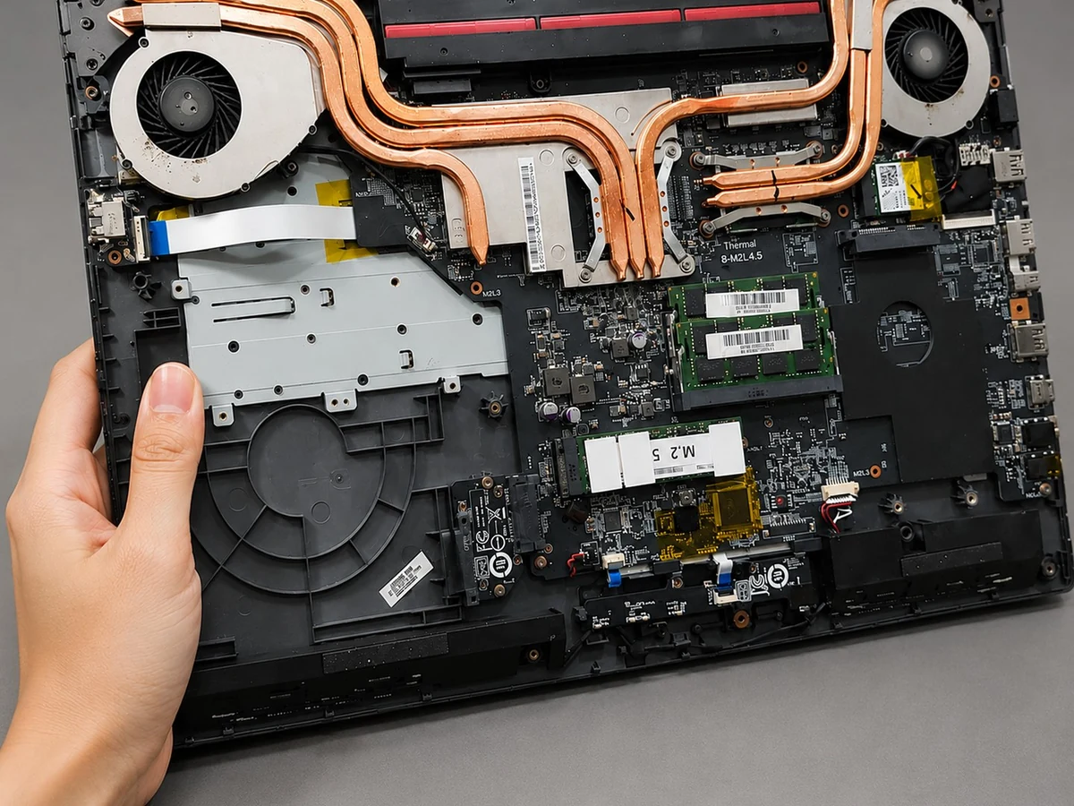 Opened laptop showing internal components during professional repair