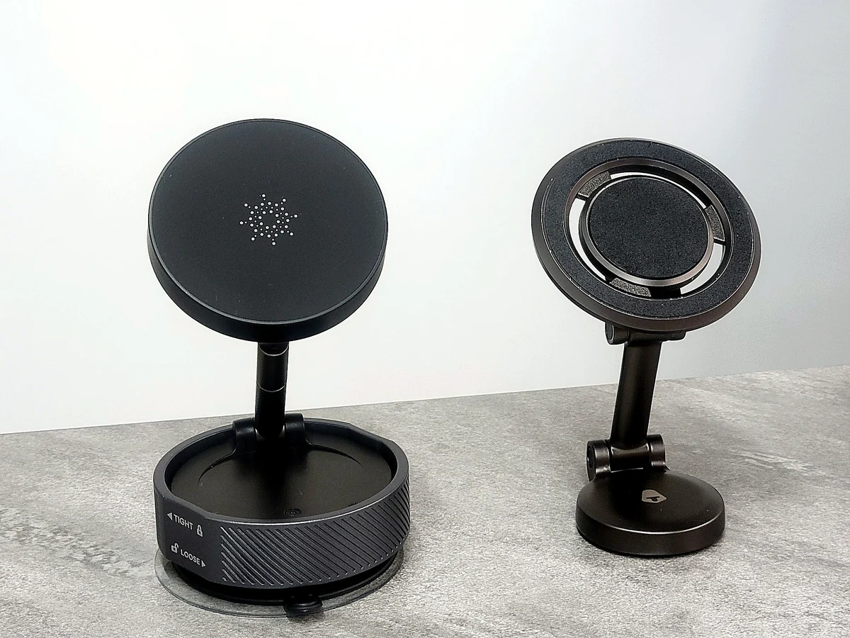 Black wireless charging stands and magnetic charging docks on display