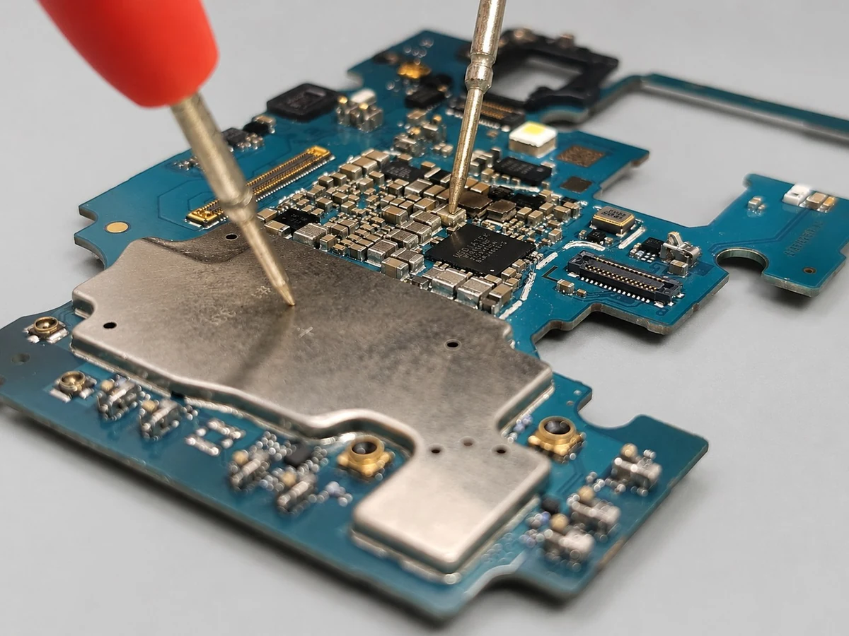 Close-up motherboard microsoldering repair with precision probes