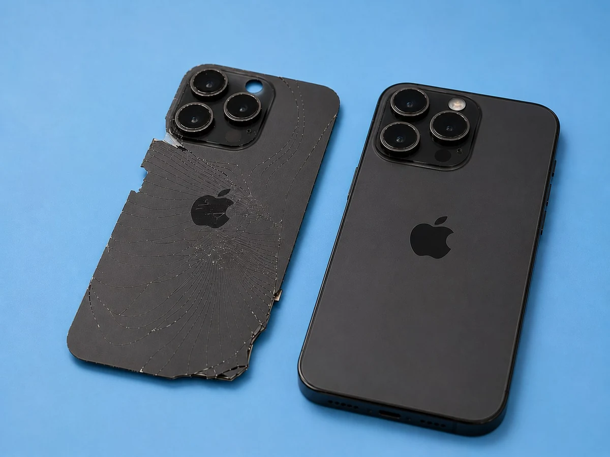Before-and-after comparison of broken rear glass and a repaired smartphone back