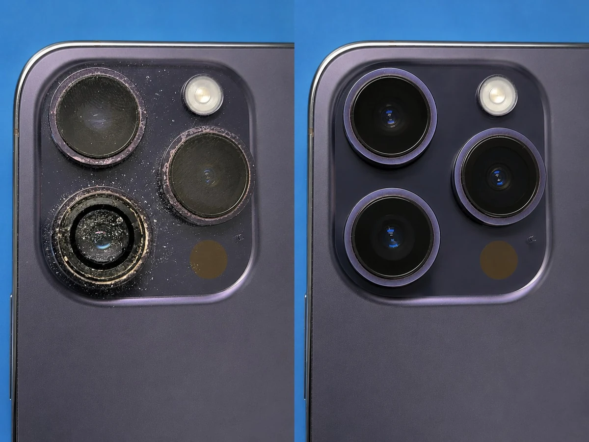Before-and-after close-up of cracked and repaired smartphone camera lens glass