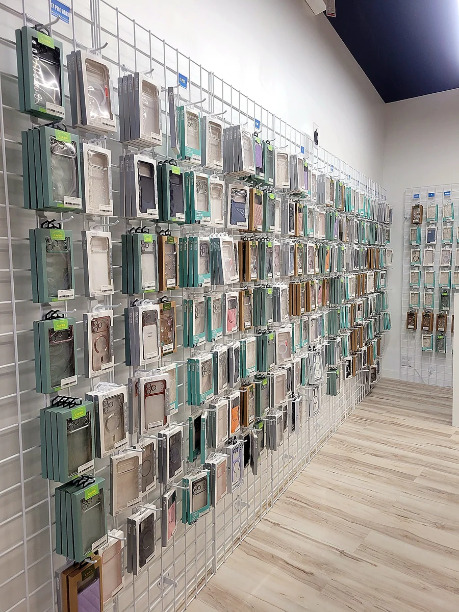 Wall display of phone cases in store