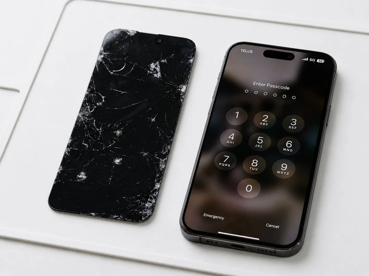 Before-and-after screen repair comparison with a cracked phone and a restored phone