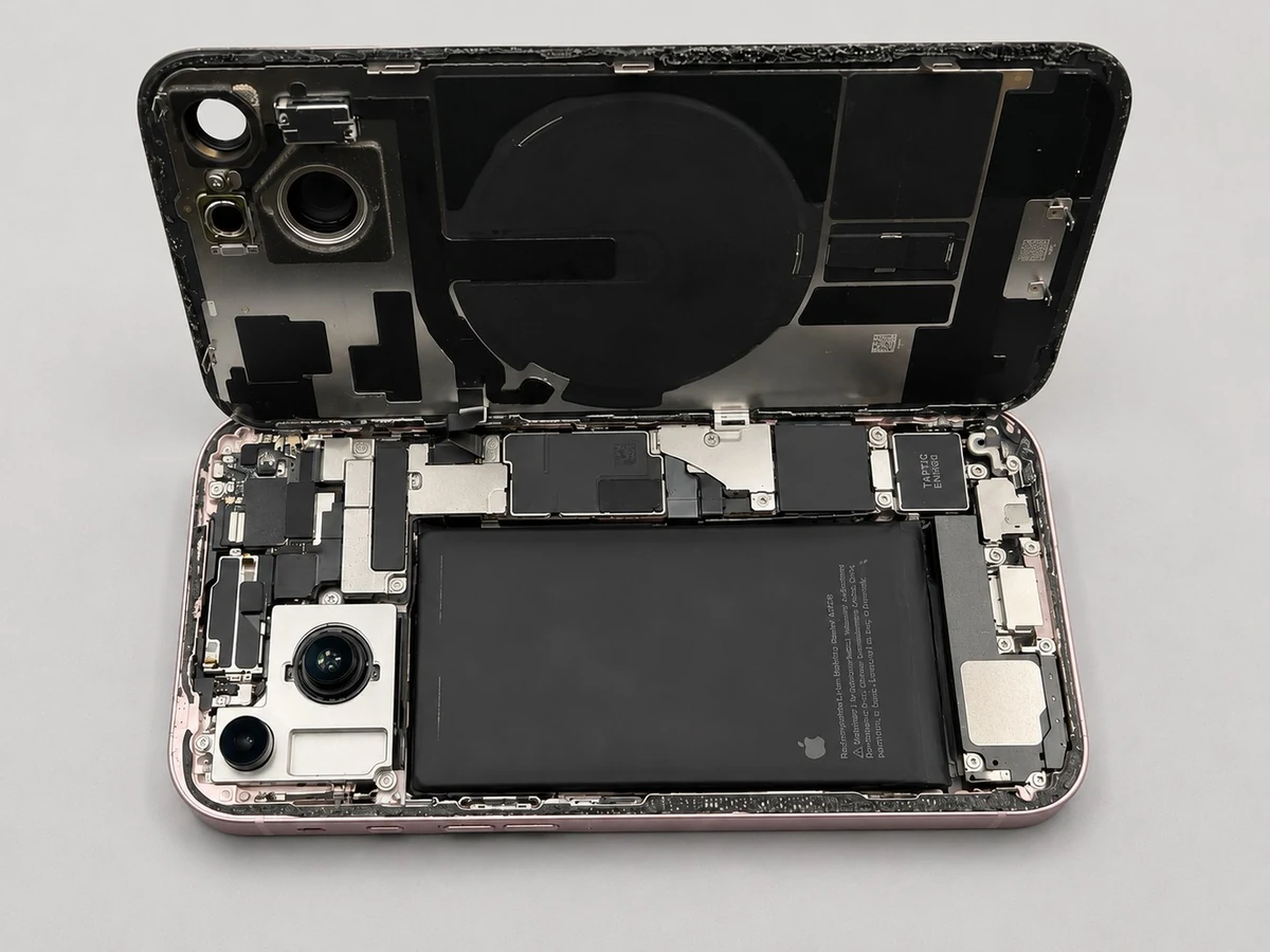 Opened smartphone showing the internal battery and components for battery replacement