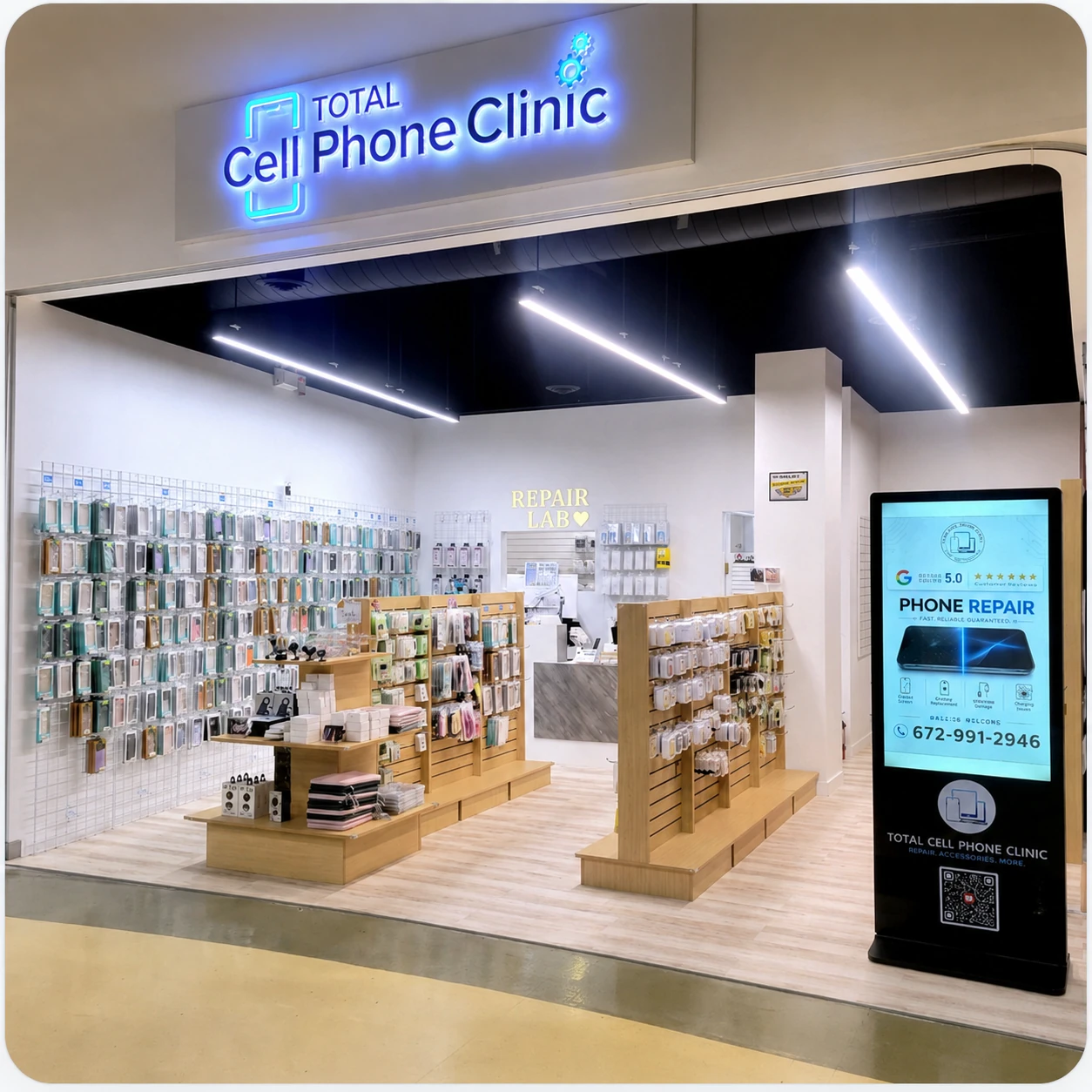 Total Cell Phone Clinic storefront inside Henderson Place Mall