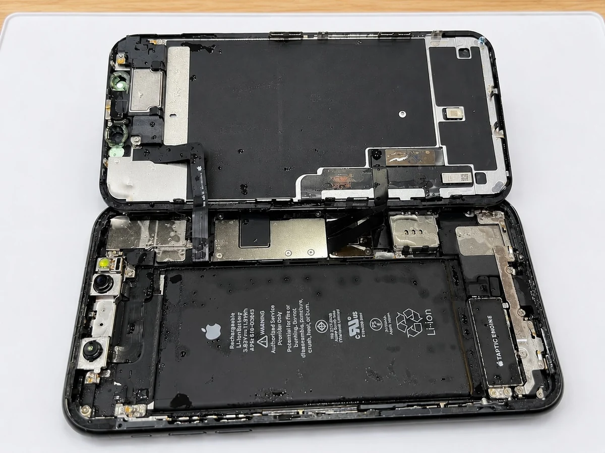 Opened water-damaged smartphone showing moisture inside the device